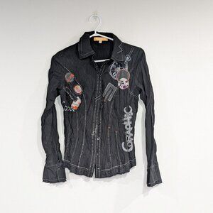 Crisca Patchwork Button Down Top with Stitching Black Size 10 UK Size 6 US